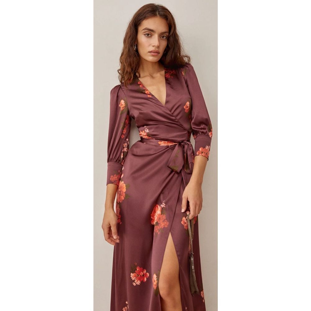 Reformation Burgundy Floral Wrap Midi Dress